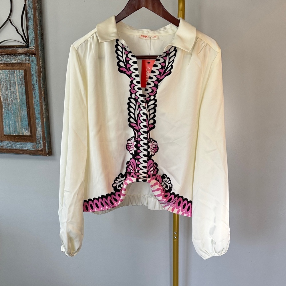 Intempo Cream Blouse with Black & Pink Graphic Trim NEW XXL